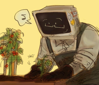 An image of a character with a computer head planting a tomato sapling.